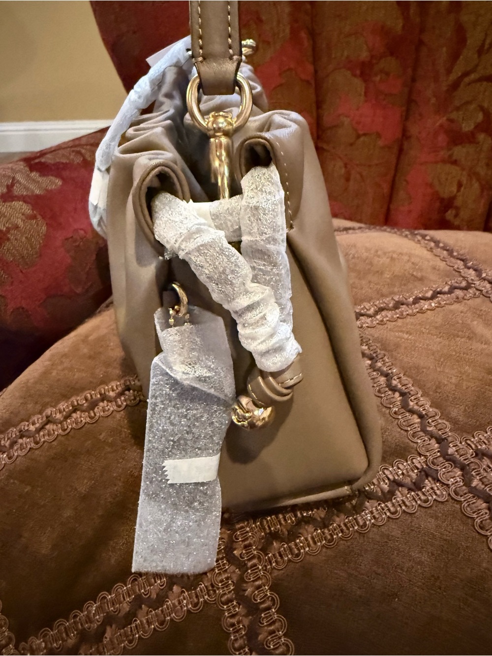 COACH Taupe Gathered Leather Shoulder Bag with Gold Logo - Picture 4 of 10